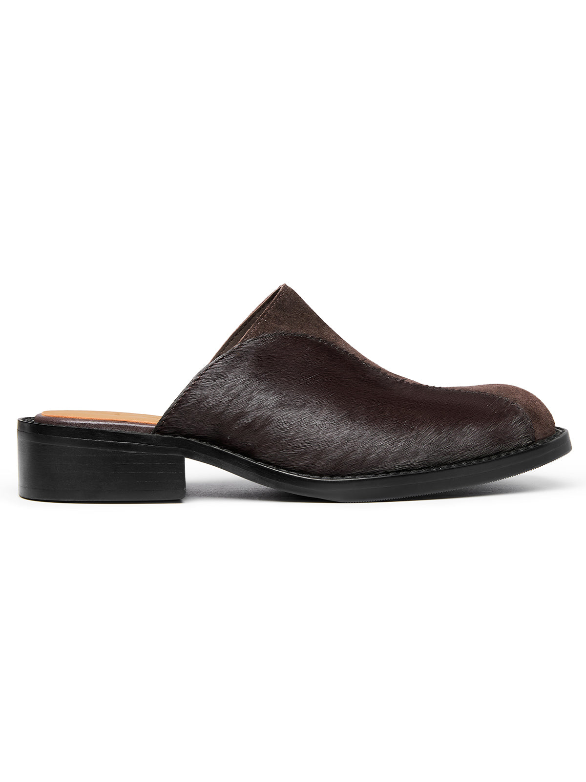 Square-Toe Horsehair Patchwork Mules in Chocolate – product image 1