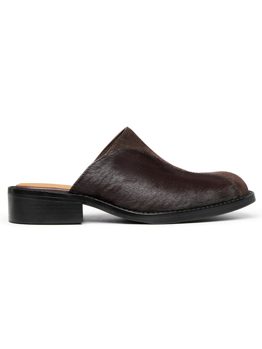Square-Toe Horsehair Patchwork Mules in Chocolate – product image 1