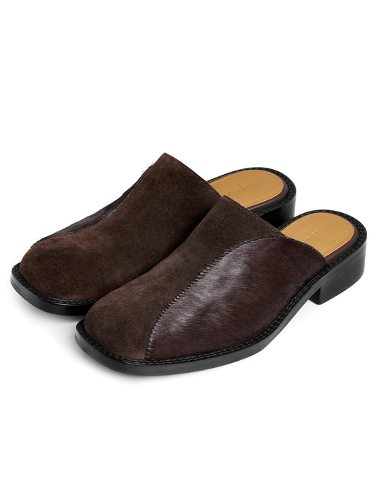 Square-Toe Horsehair Patchwork Mules in Chocolate – product image 2