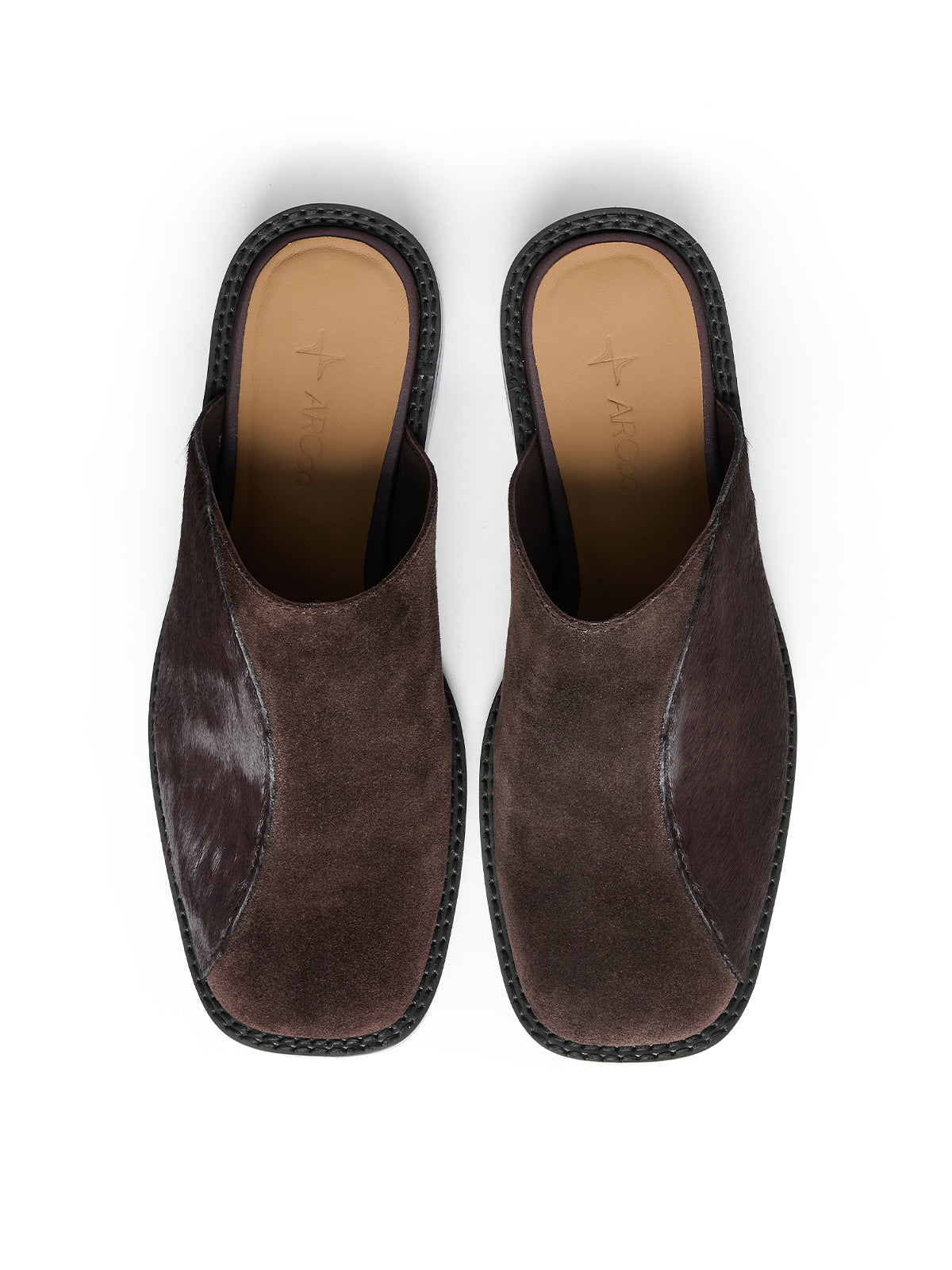 Square-Toe Horsehair Patchwork Mules in Chocolate – product image 3
