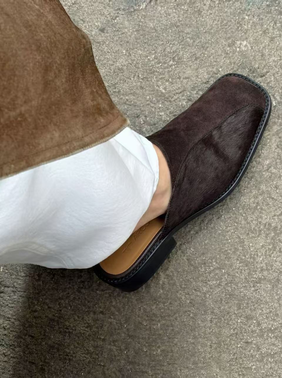 Square-Toe Horsehair Patchwork Mules in Chocolate – product image 8