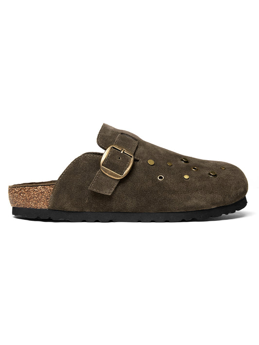 METAL RIVET SUEDE CLOGS-BROWN