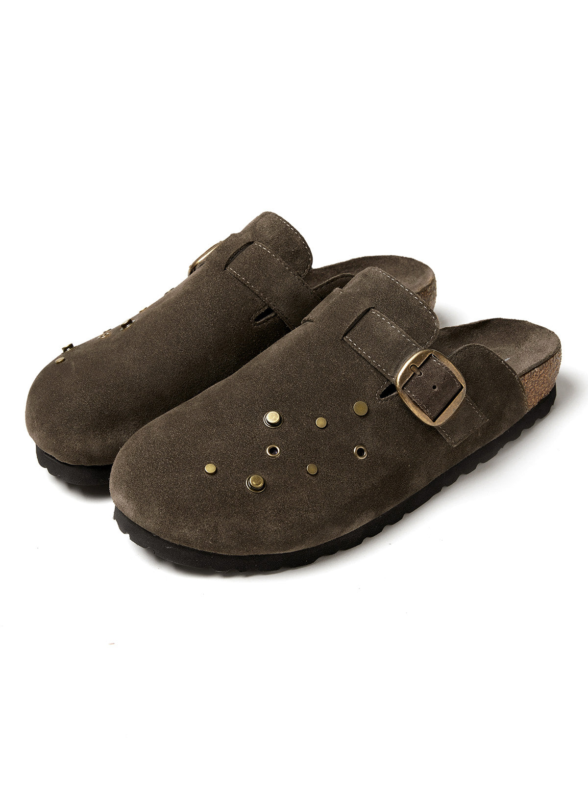 METAL RIVET SUEDE CLOGS-BROWN