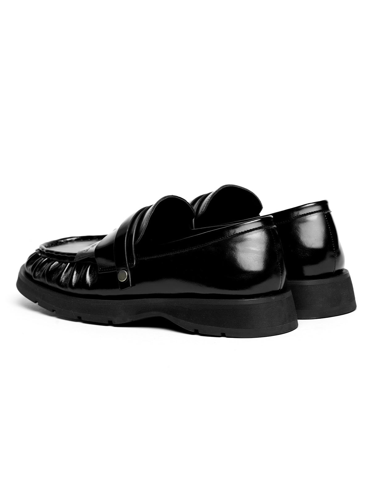 ARCcc Multi-Layer Cowhide Leather Loafers in Black side and heel view
