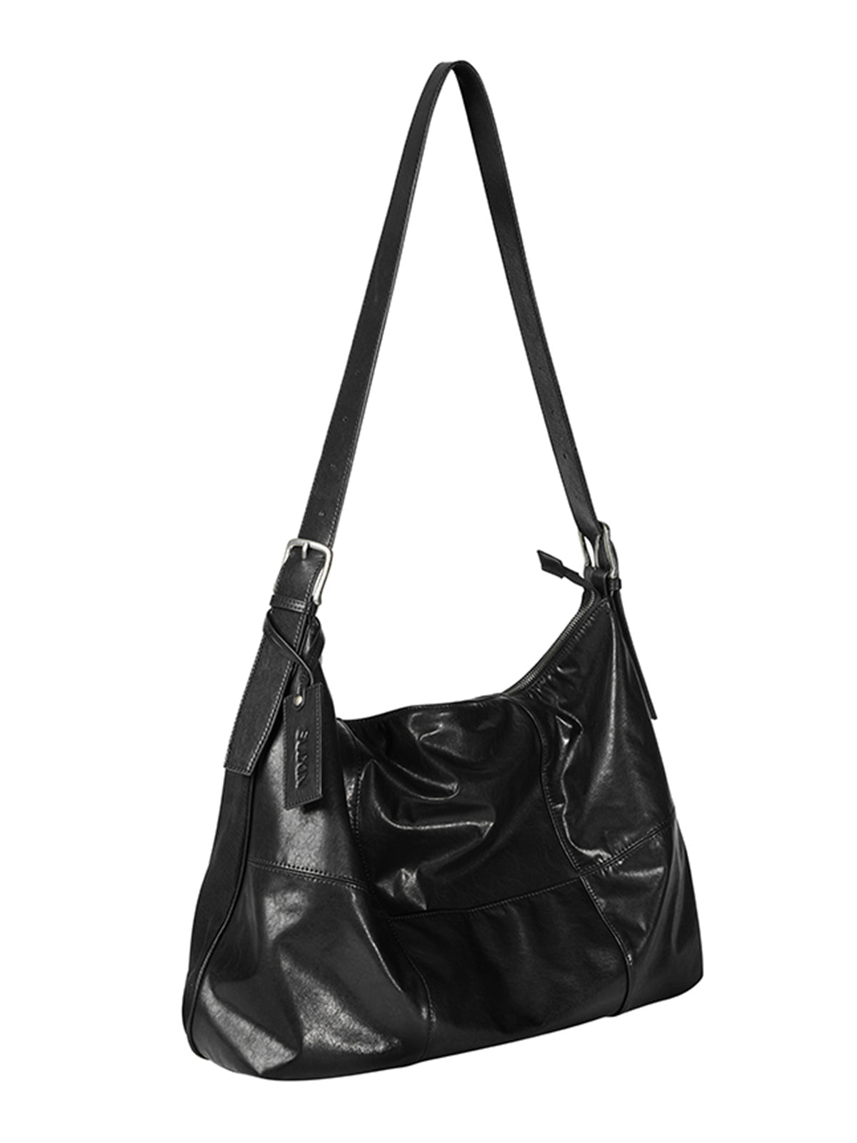 ARCcc segmented 16-inch black PU crossbody bag angled white background